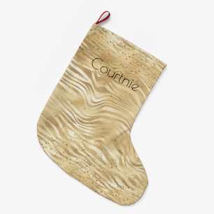 Grande Chaussette De Noël Or Blanc Ombre Zebra Confetti Sparkles       