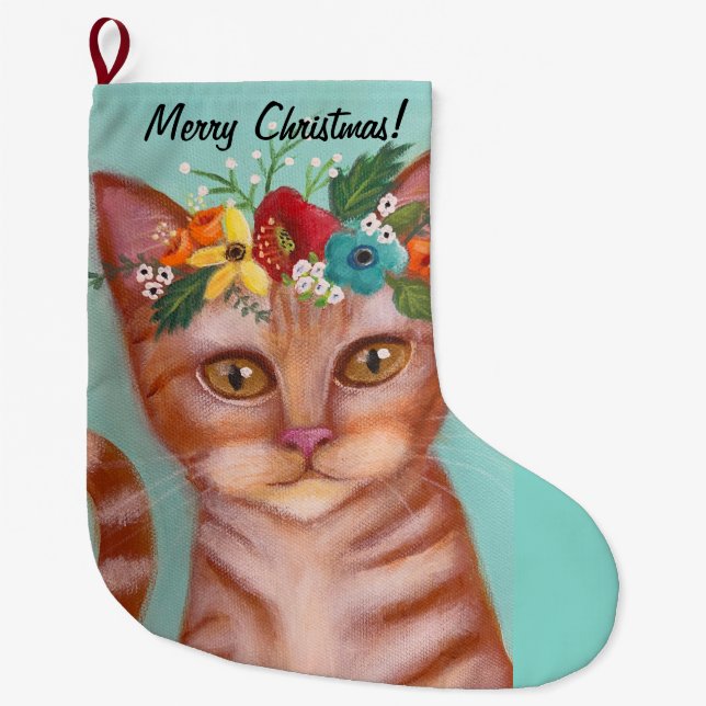 Grande Chaussette De Noël Orange Cat Whimsical Art (Devant)