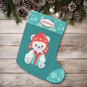 Grande Chaussette De Noël Ours blanc de flocon de neige turquoise