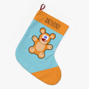 Grande Chaussette De Noël Ours en peluche marron sur le bleu