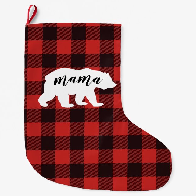 Grande Chaussette De Noël Ours Mama Rustique Rouge et Buffle Noir Plaid (Devant)