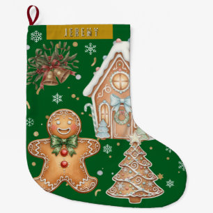 Grande Chaussette De Noël Pain d'épice Vintage vert, arbre, Noël