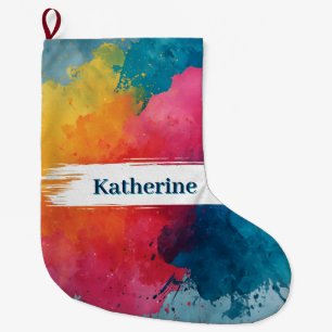 Grande Chaussette De Noël Paint à l'aquarelle vive avec nom personnalisé