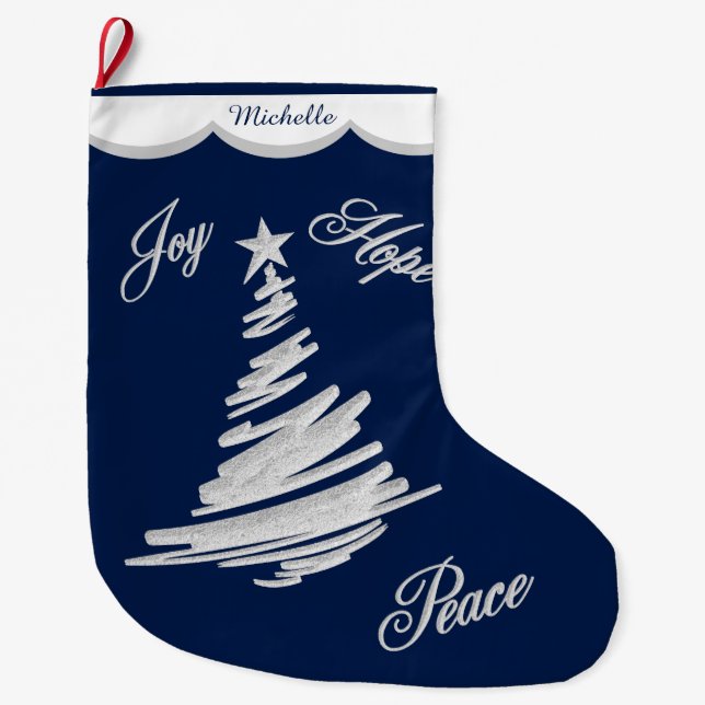 Grande Chaussette De Noël Paix bleue argentée d'espoir de joie (Devant)