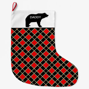 Grande Chaussette De Noël Papa ours élégant sur motif diamant noir et rouge