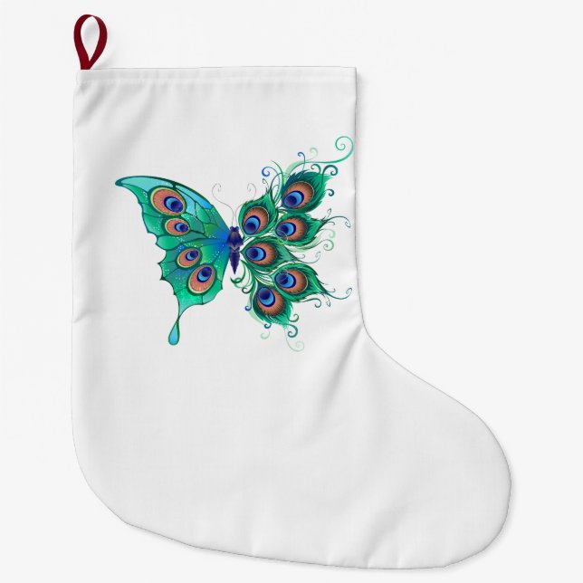 Grande Chaussette De Noël Papillon aux plumes de paon vert (Devant)