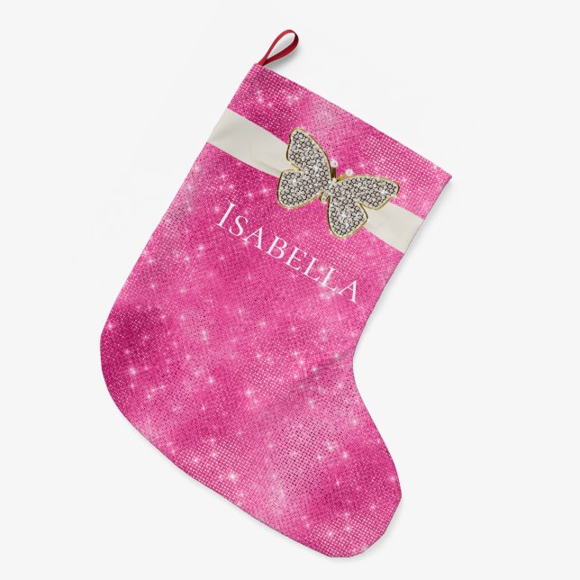 Grande Chaussette De Noël Papillon bijoux à étincelle rose (Devant (Accrochage))