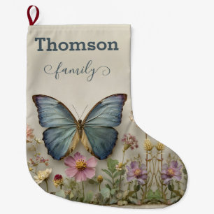 Grande Chaussette De Noël Papillon Bleu Vintage Floral Famille Jardin