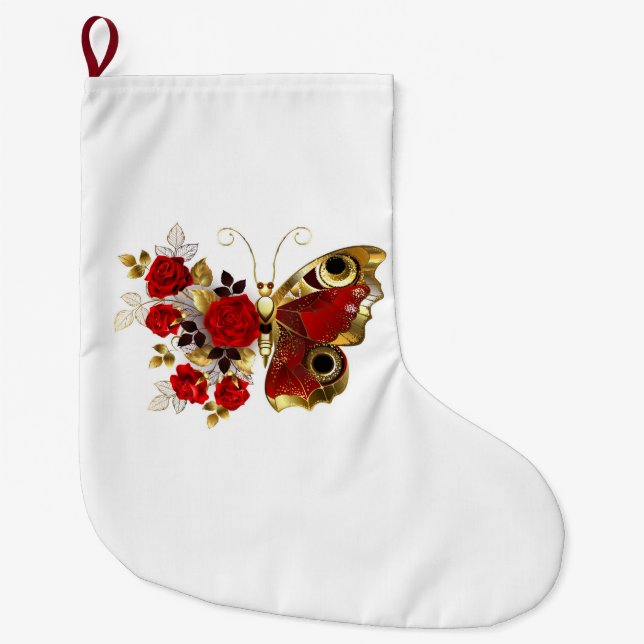 Grande Chaussette De Noël Papillon de fleurs rouges aux roses rouges (Devant)