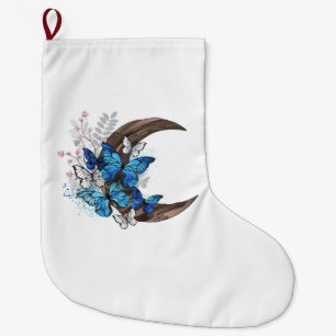 Grande Chaussette De Noël Papillons bleus sur croissant en bois