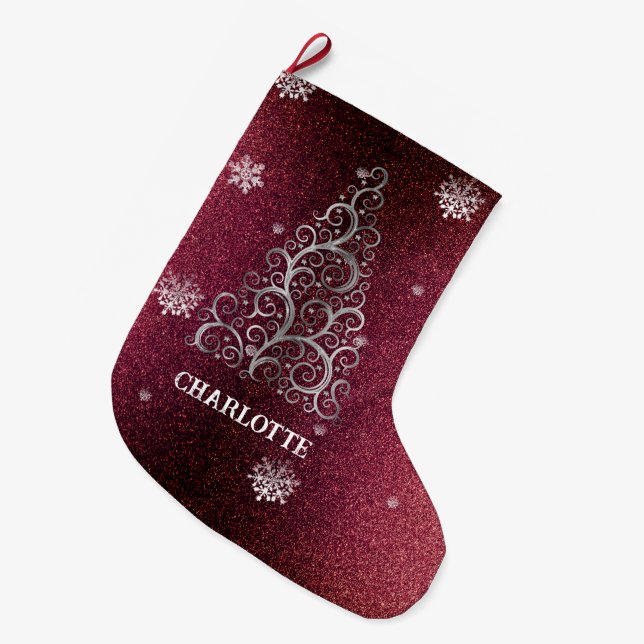 Grande Chaussette De Noël Parties scintillant d'arbre de Noël et flocons de  (Devant (Accrochage))