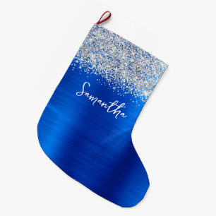 Grande Chaussette De Noël Parties scintillant d'argent Royal Blue Glam Nom