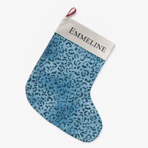 Grande Chaussette De Noël Parties scintillant Empreinte de léopard bleu turq