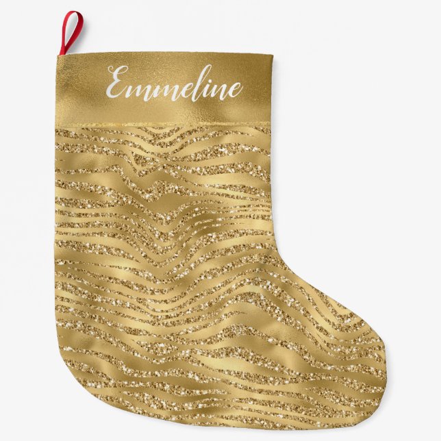 Grande Chaussette De Noël Parties scintillant Glam Glitzy Gold Zebra Print   (Devant)