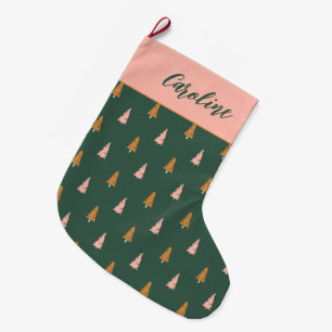 Grande Chaussette De Noël Pastel Pink & Forest Green Trees Vacances