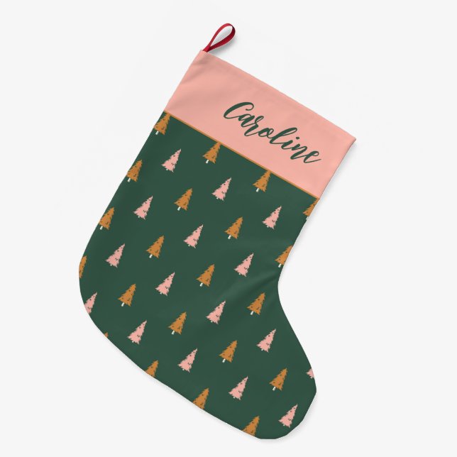 Grande Chaussette De Noël Pastel Pink & Forest Green Trees Vacances (Devant (Accrochage))