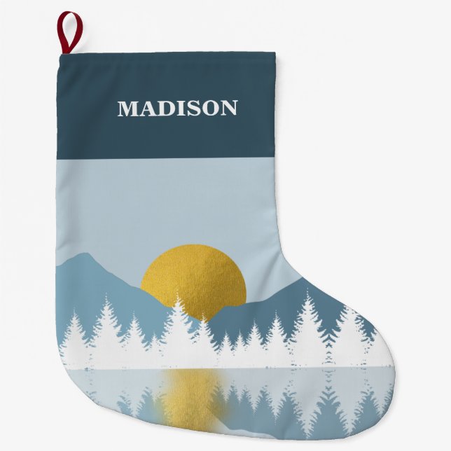 Grande Chaussette De Noël Paysage Abstrait Soleil d'hiver d'or (Devant)