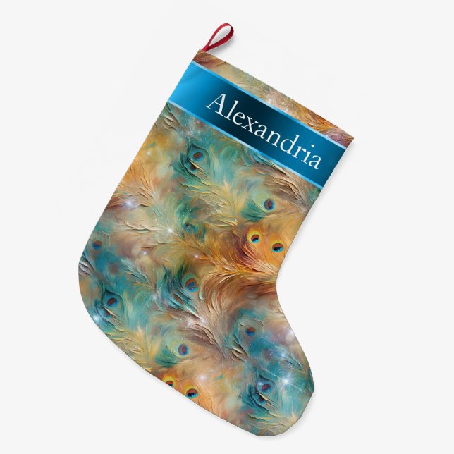 Grande Chaussette De Noël Peacock Feathers Blue Gold Nom de Noël (Devant (Accrochage))