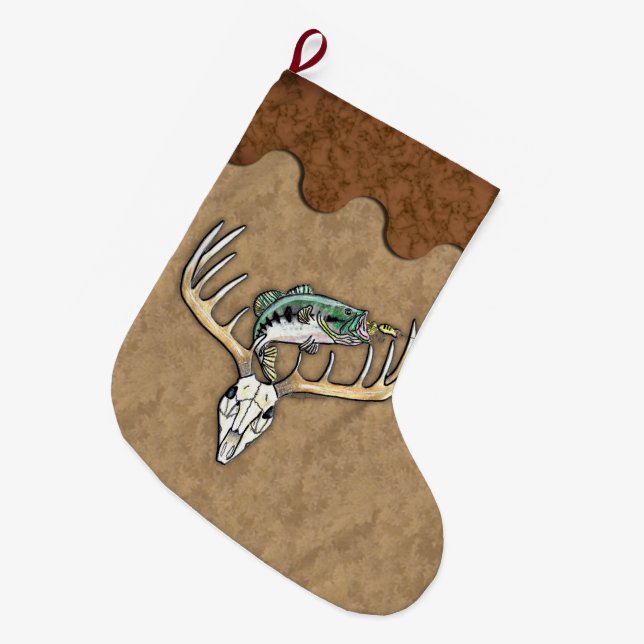 Grande Chaussette De Noël Pêche Chasse Cerfs Antlers Jumping Poisson (Devant (Accrochage))