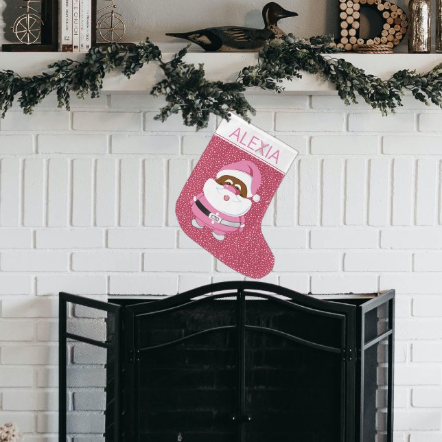 Grande Chaussette De Noël Père Noël afro-américain blanc rose (Créateur téléchargé)