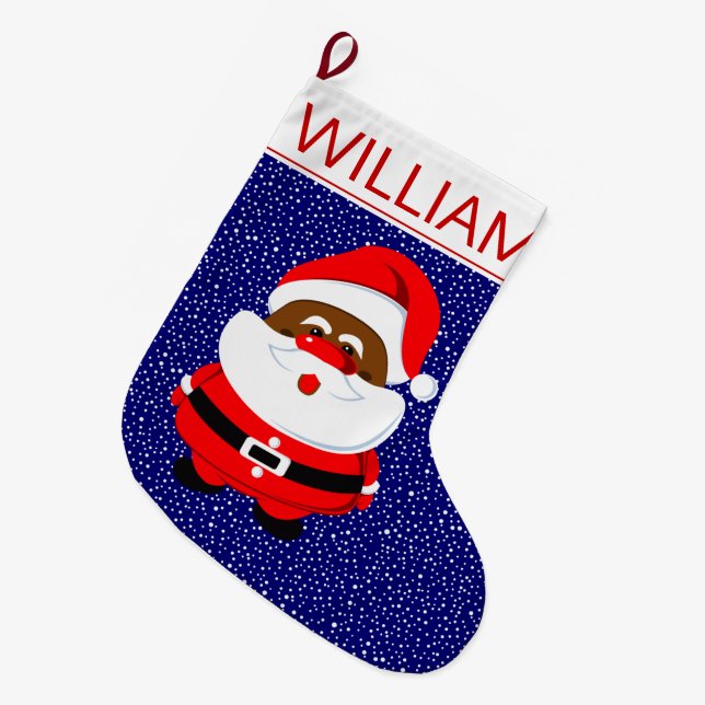 Grande Chaussette De Noël Père Noël afro-américain bleu (Devant (Accrochage))