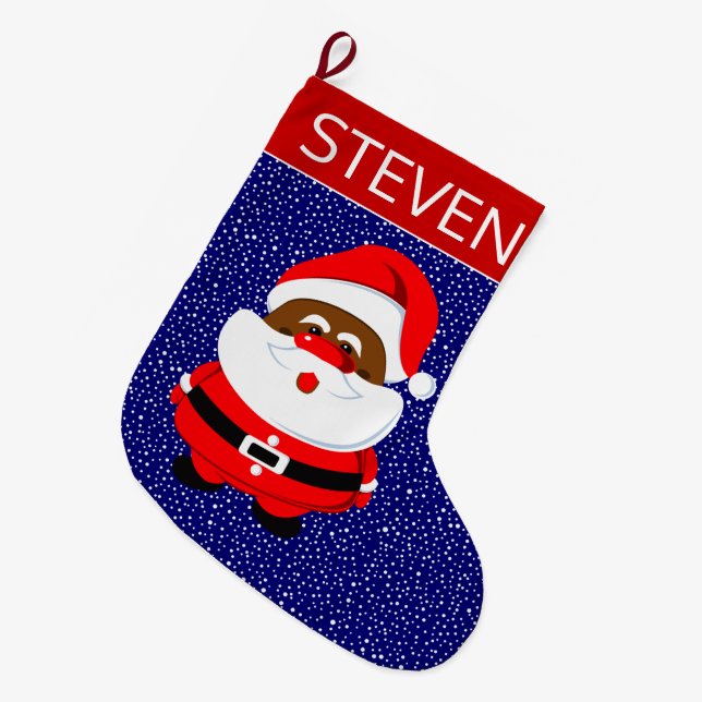 Grande Chaussette De Noël Père Noël afro-américain bleu rouge (Devant (Accrochage))