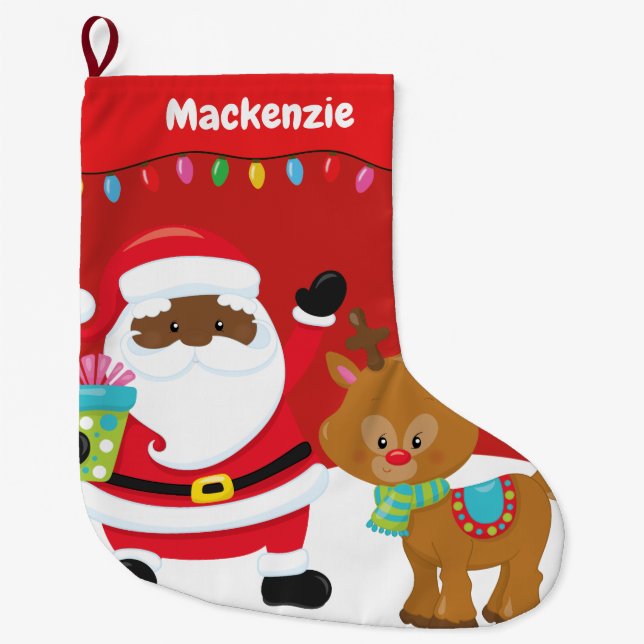 Grande Chaussette De Noël Père Noël afro-américaine personnalisée (Devant)