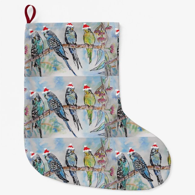 Grande Chaussette De Noël père Noël Budgies Budgie oiseau Noël Stocking (Devant)