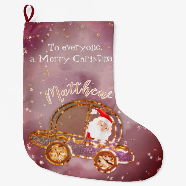 Grande Chaussette De Noël Père Noël dans sa voiture à Noël personnalisé (Devant)