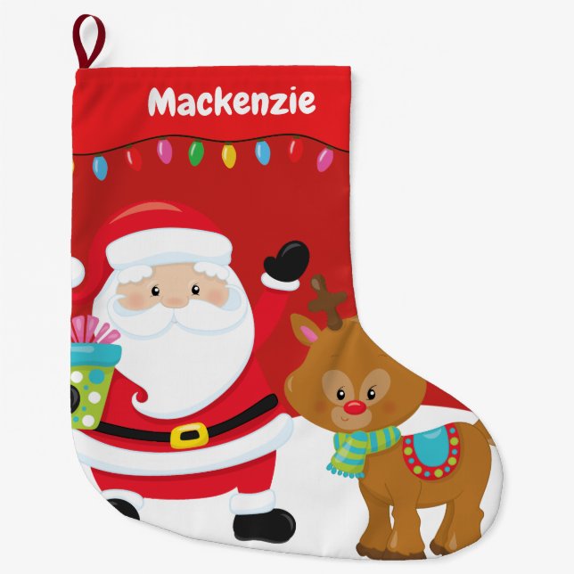 Grande Chaussette De Noël Père Noël personnalisé avec renne (Devant)
