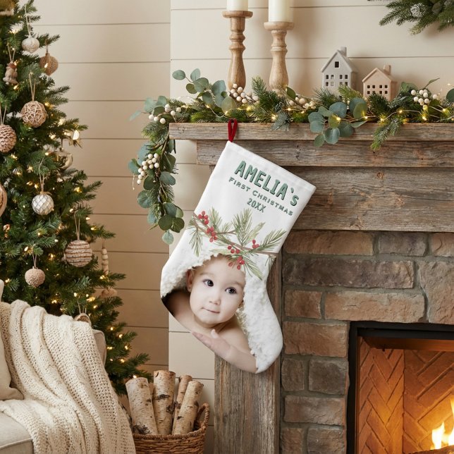 Grande Chaussette De Noël Personalized Baby First Christmas Berry Photo (Créateur téléchargé)