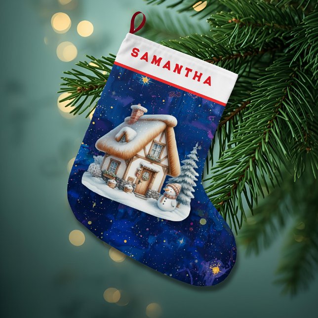 Grande Chaussette De Noël Personalized Snowman & Cabin Christmas Stocking  (Créateur téléchargé)