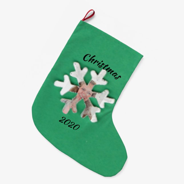 Grande Chaussette De Noël Personnalisé Ajouter photo Flocon de neige sur ver (Devant (Accrochage))