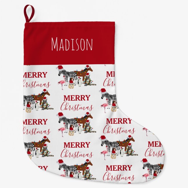 Grande Chaussette De Noël Personnalisé Animaux de Noël amusants Chapeaux de  (Devant)