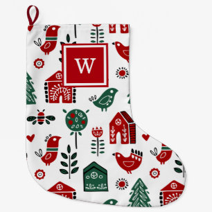 Grande Chaussette De Noël Personnalisé Monogramme rouge et vert scandinave