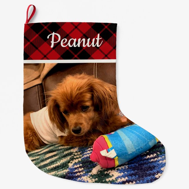 Grande Chaussette De Noël Pet Photo Red Plaid Reversible Personalized (Devant)