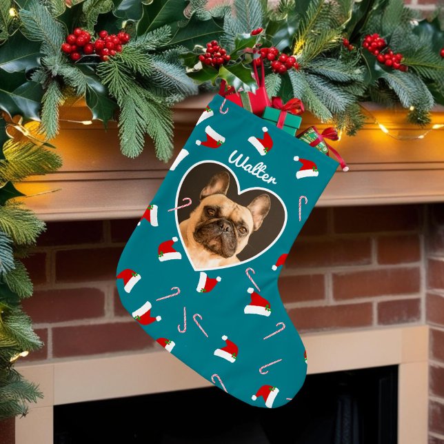 Grande Chaussette De Noël Photo de animal de compagnie Santa Hat Chien Motif (This christmas stocking is begging to be filled with all the good stuff. No coal allowed!)