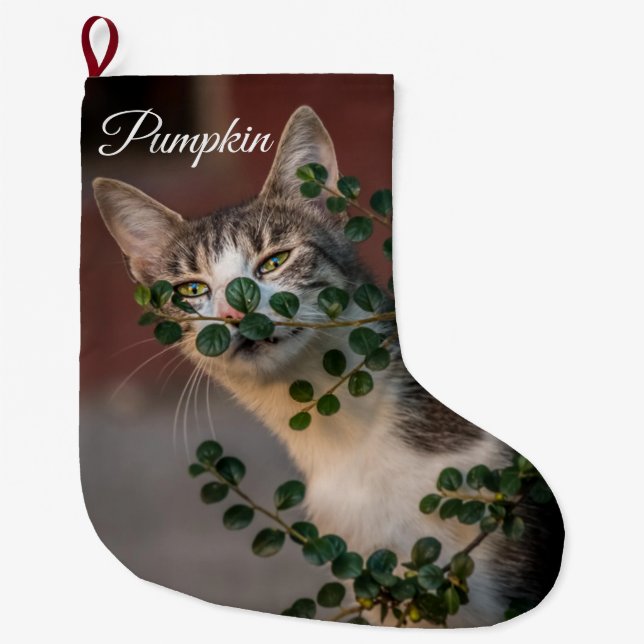 Grande Chaussette De Noël Photo de chat personnalisée Nom de l'animal  (Devant)
