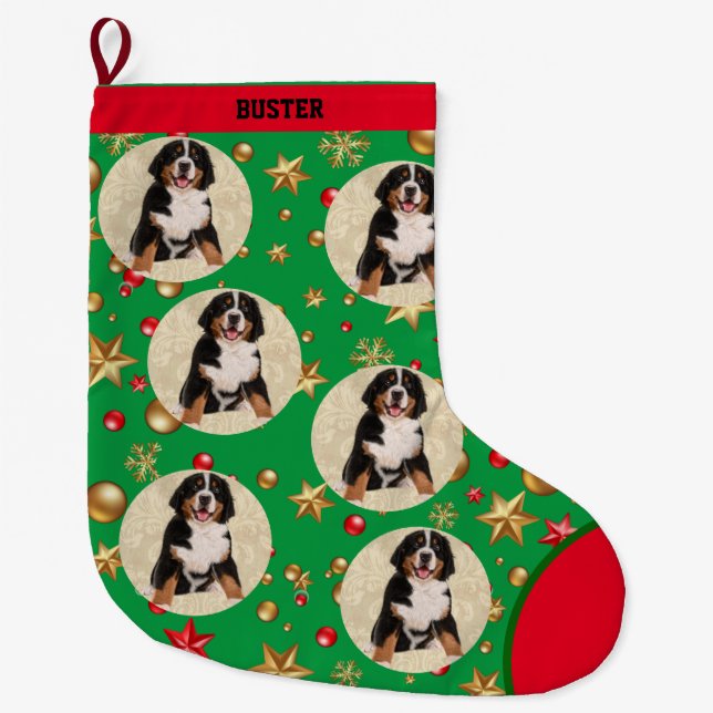 Grande Chaussette De Noël Photo de chien Comme Cercles Répétants Ajouter Nom (Devant)