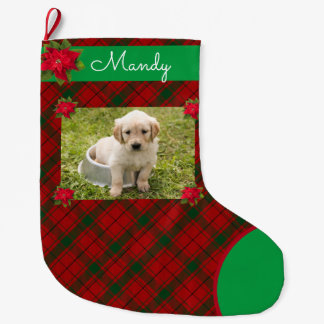 Grande Chaussette De Noël Photo de chien et nom Joli Plaid Red Green