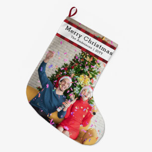 Grande Chaussette De Noël Photo de famille personnalisée et nom élégant