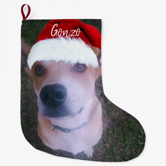 Grande Chaussette De Noël Photo de Noël de chien Nom personnalisé (Devant)