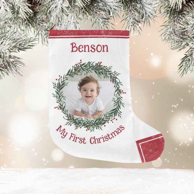Grande Chaussette De Noël Photo du bébé de Noël avec nom (Baby's First Christmas, Photo, Name, Red, White Large Christmas Stocking)