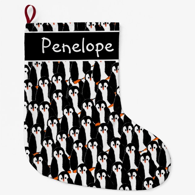 Grande Chaussette De Noël Piles Whimsical de Pingouins Motif et votre nom (Devant)