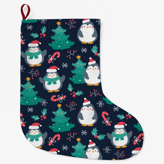 Grande Chaussette De Noël Pingouins de Noël mignons (Devant)