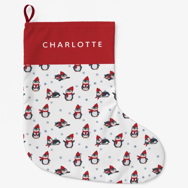 Grande Chaussette De Noël Pingouins mignons Oiseaux d'hiver Animaux de l'Arc (Devant)