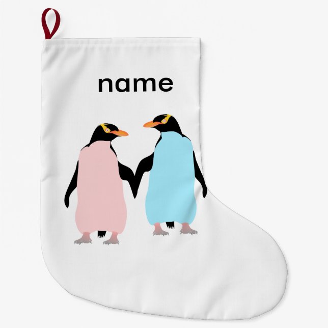 Grande Chaussette De Noël Pingouins roses et bleus se tenant la main. (Devant)