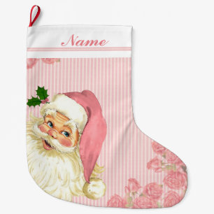 Grande Chaussette De Noël Pink Vintage Santa Claus Roses