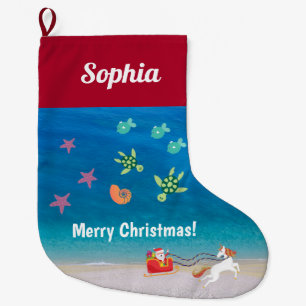 Grande Chaussette De Noël Plage Noël Tropical Ocean Fish Père Noël Unicorn