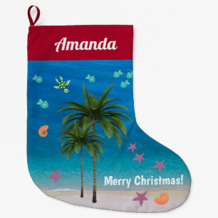 Grande Chaussette De Noël Plage Noël Tropical Océan Starfish Palmiers